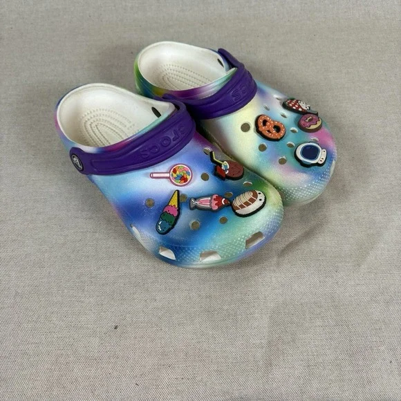 Crocs Classic Clogs Solarized Tie Dye Rainbow Purple w/Charms Slip On Shoes J2 - Picture 1 of 8